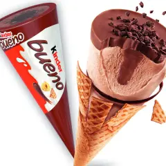 Dwa lody Kinder Bueno w wafelkach, jeden w opakowaniu, drugi rozpadający się.