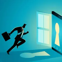 Biznesmen biegnie do otwartych drzwi, które okazują się ekranem smartfona. Chwalenie się wszystkim na Facebooku otwiera nowe możliwości.