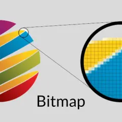 Kolorowy symbol z powiększeniem ukazującym jego pikselową strukturę. Słowo "Bitmap" pod spodem.
