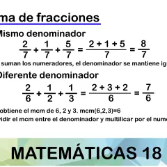 Ejemplo de suma de fracciones con igual y diferente denominador. Se explica cómo sumar numeradores o hallar el mcm.