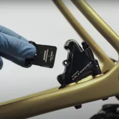 Main d'une personne portant un gant bleu tenant une plaquette de frein Shimano. Le moment idéal pour savoir quand changer plaquette de frein est maintenant.