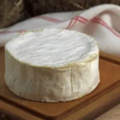 Un delicioso queso francés, con su corteza blanca y cremosa, descansa sobre una tabla de madera.