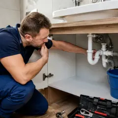 Hydraulik sprawdza zapowietrzone rury odpływowe pod zlewem. Widać narzędzia i niebieskie wiadro.