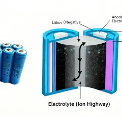 Przekrój baterii litowo-jonowej pokazuje grafit, materiał, elektrolit i anodę (elektrodę ujemną). Obok leży kilka ogniw, w tym jedno z oznaczeniem "katoda".