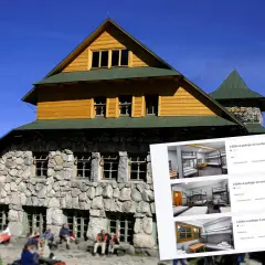 Górskie schronisko z kamienia i drewna, obok ceny 1 zł za nocleg, sugerujące najtańszy hotel na świecie.
