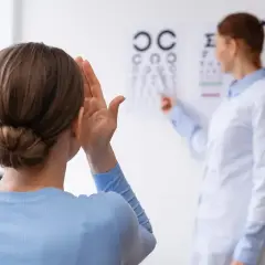 Badanie wzroku: czy wada 0.75 wymaga noszenia okularów? Pacjentka zasłania oko, okulistka wskazuje na tablicę.
