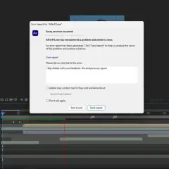 After Effects keeps crashing. An error report window is open, showing "Sorry, an error occurred.