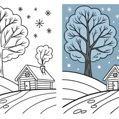 Dos escenas de dibujos de invierno: una casa y un árbol en blanco y negro, y otra con fondo azul y nieve cayendo.