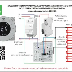 Schemat podłączenia termostatu do maty grzewczej. Pokazuje, jak zamocować czujnik temperatury w piecu co, aby zapewnić prawidłowe działanie ogrzewania podłogowego.