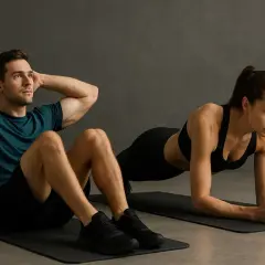 Un homme fait des abdos pendant qu'une femme réalise un exercice de gainage en planche.