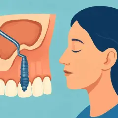 Ilustracja przedstawia zabieg sinus lift. Widoczny jest fragment szczęki z implantem i narzędziem dentystycznym, obok profil kobiety.