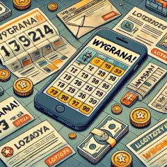 Telefon z siatką liczb, banknoty, monety i kupony z napisem "WYGRANA!".