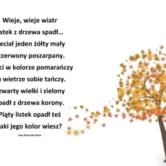 Wiersze o listopadzie: wiatr porwał liście z drzewa, tańczące w powietrzu w jesiennych barwach.