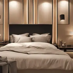 Dormitorio moderno con cama confortable, aplique pared USB para cargar dispositivos, iluminación ambiental y cuadro de montaña.