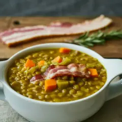 Bol de soupe de lentilles aux carottes et lardons, garni d'une tranche de bacon croustillant.