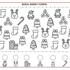 Fichas de Navidad para imprimir: busca, rodea y cuenta renos, Papá Noel, calcetines, campanas, árboles, regalos y bastones de caramelo.