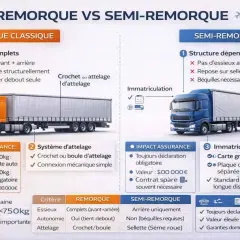 Comparaison visuelle entre une remorque classique et une semi-remorque, illustrant les différences pour conduire avec une remorque.