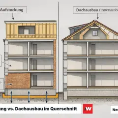 Querschnitt zeigt Aufstockung vs. Dachausbau. Links: Aufstockung auf Bestand. Rechts: Dachausbau (Innenausbau) im bestehenden Dachstuhl.