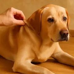 Un perro labrador es examinado para saber si está deshidratado. Su dueño le levanta la piel del lomo para ver si vuelve a su sitio.