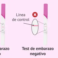 Test de embarazo positivo: dos líneas. Negativo: una línea. Sin validez: ninguna línea. La diferencia entre regla y embarazo se ve en estas pruebas.