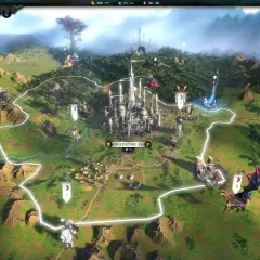 Mapa strategiczna z gry Age of Wonders: majestatyczny zamek, góry, lasy i jednostki.