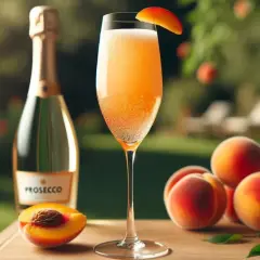 Orzeźwiający drink Bellini z prosecco i brzoskwiniami, idealny na letnie popołudnie w ogrodzie.
