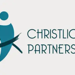Zwei stilisierte Figuren, die sich umarmen, mit dem Text "Christliche Partnersuche". Eine App, die Christen bei der Partnersuche hilft.