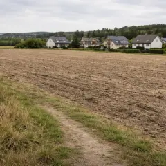 Pola po orce, przygotowane pod odrolnienie działki. W tle widać rzędy domów i las.