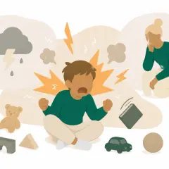 Barn med affektanfall, troligen relaterat till ADHD, skriker och kastar en bok. En orolig vuxen sitter bredvid.