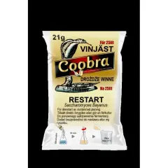 Opakowanie drożdży Coobra Restart Saccharomyces Bayanus, 21g, na 25 litrów nastawu. Idealne, gdy zastanawiasz się, ile drożdży do wina użyć.