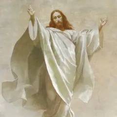 Jezus w bieli, z uniesionymi rękami, wstępuje do nieba. Scena oddaje moment wniebowstąpienia pańskiego.
