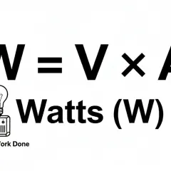 Wzór W=V×A wyjaśnia, jak obliczyć ampery z watów. Obok żarówki 100W i symbolu mocy.