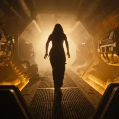 Silhouettierte Frau geht durch einen düsteren, rauchigen Korridor. Ein Blick auf den Alien Romulus Stream.