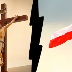 Krzyż z Jezusem i polska flaga. Symbolika religii i narodu.