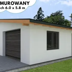 Nowoczesny garaż murowany z ciemną bramą i oknem. Idealny dla Twojego samochodu, o wymiarach 6.0 x 5.8 m.