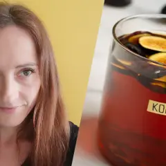 Kobieta i szklanka z kombuchą z figami.