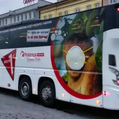 Autobus Neobus z wizerunkiem nosacza z maseczką i informacją o biletach od 1 zł.