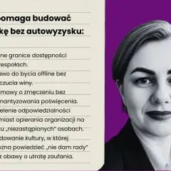 Kobieta z kolczykiem w nosie, obok lista o budowaniu troski bez autowyzysku, podkreślająca dzielenie odpowiedzialności.