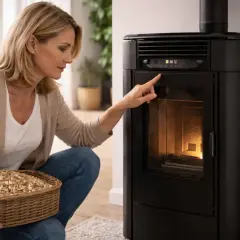 Femme vérifiant l'alarme température fumée sur son poêle à granulés. Elle tient un panier de pellets.