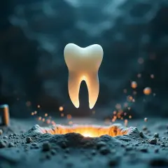 Jasny ząb unosi się nad rozżarzonym kraterem, symbolizując nadzieję na nowe rozwiązanie co zamiast implantu.
