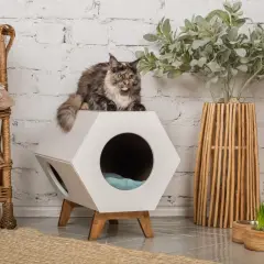 Gato atigrado sobre una casa hexagonal blanca, parte de un enriquecimiento ambiental para gatos. A su lado, una silla de mimbre y una planta decorativa.
