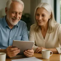 Couple âgé souriant regardant une tablette, discutant jusqu'à quel âge peut-on emprunter au Crédit Agricole.