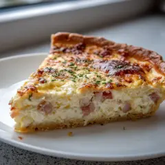 En saftig ost och skinkpaj med gyllene skorpa och färska örter. Perfekt för en mysig fika.