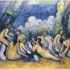 Die badenden Frauen entspannen sich in einer Waldlichtung. Ihre Körper sind in warmen Gelb- und kühlen Blautönen gemalt, umgeben von üppigem Grün.