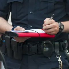 Policjant spisuje mandat. Dowiedz się, jak zapłacić mandat przelewem, by uniknąć dodatkowych kosztów.