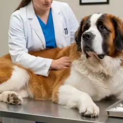 Veterinario examina a un San Bernardo en la mesa. La pregunta es: cuanto dura un perro con torsión de estómago.