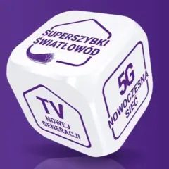 Kostka z napisami "Superszybki światłowód", "TV nowej generacji" i "5G nowoczesna sieć". Idealne oferty Play abonament.