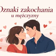 Uśmiechnięty mężczyzna patrzy na kobietę, która mu się podoba. Wokół unoszą się serduszka, symbolizując uczucia.