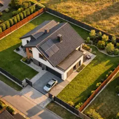 Nowoczesny dom z panelami słonecznymi, starannie zaplanowane usytuowanie domu na działce z zadbanym ogrodem i podjazdem.