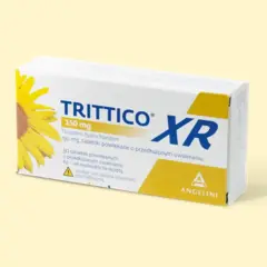 Opakowanie leku Trittico XR 150 mg, stosowanego na depresję i zaburzenia snu.